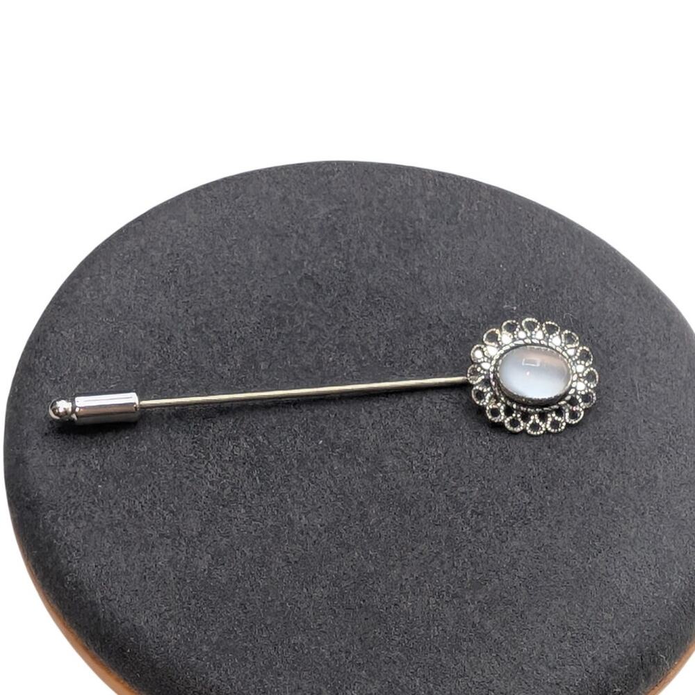 Vintage Silver Tone Moon Stone Look Filigree 2.5" Stick Pin